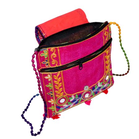 Pink Ethnic Cotton Crossbody Bag with Bird Motif & Mirror Work - Jaipuri Handmade Embroidered Sling Bag